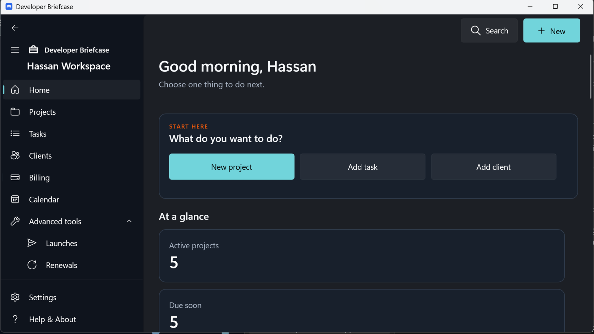 Developer Briefcase home dashboard showing projects, upcoming tasks, and billing status