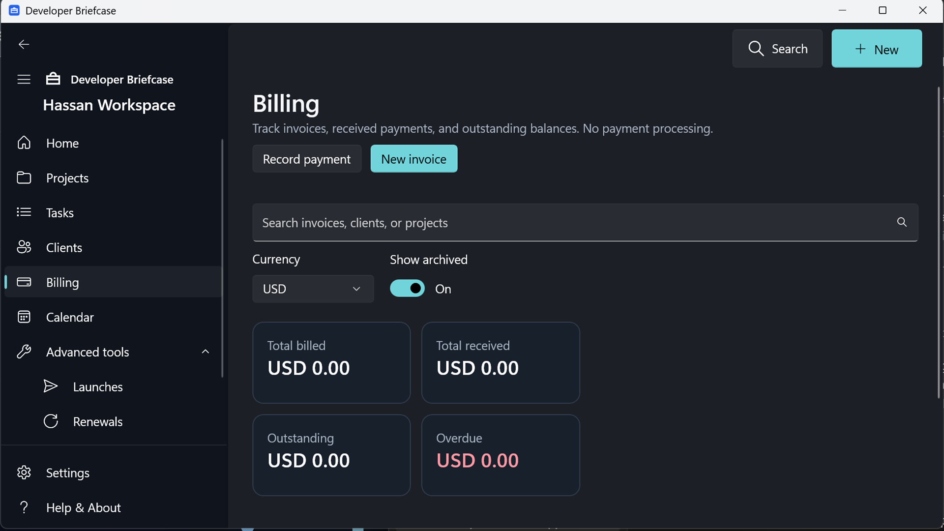 Developer Briefcase Billing page with invoice, received payment, outstanding and overdue cards