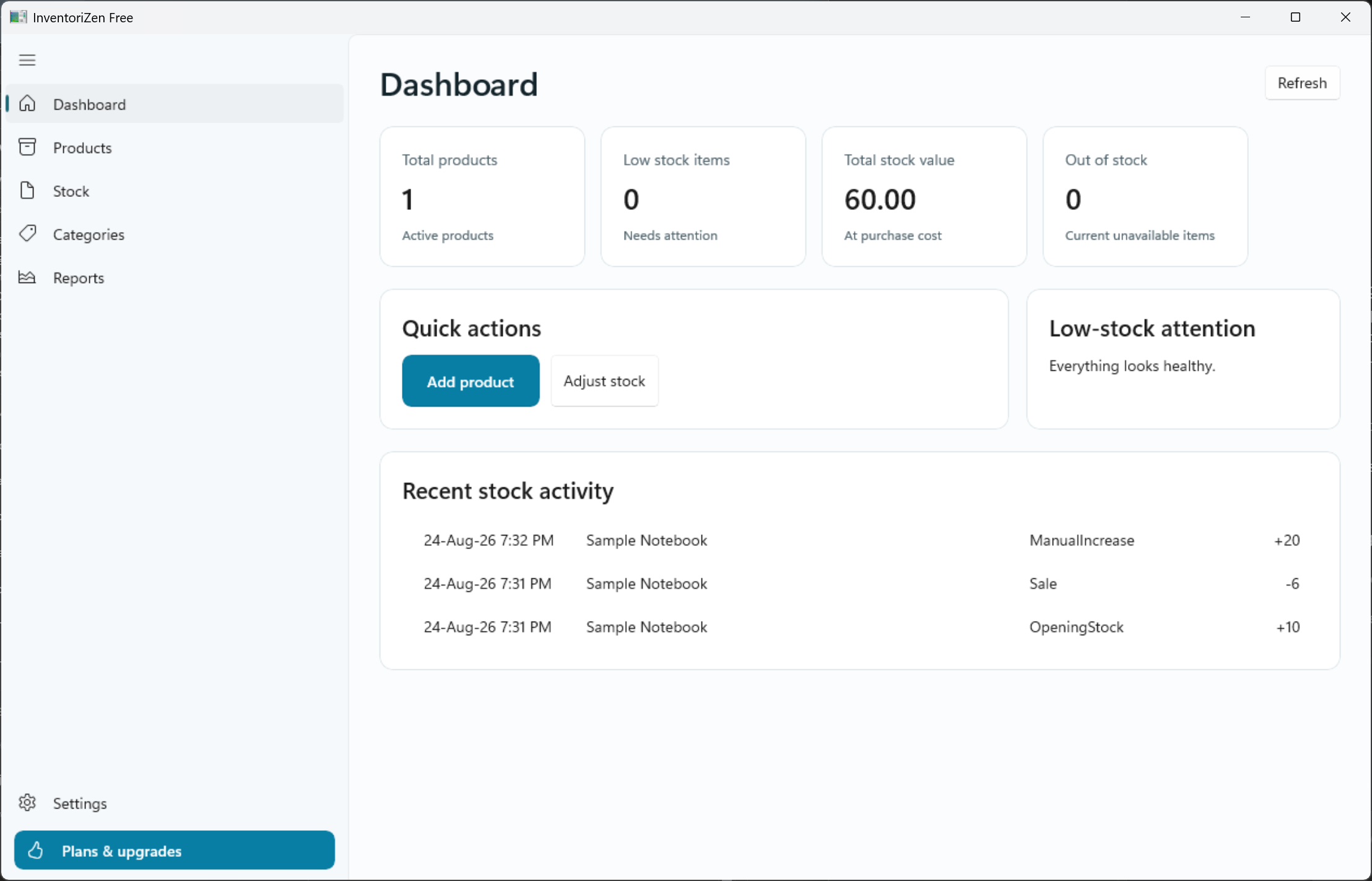 InventoriZen Dashboard screen