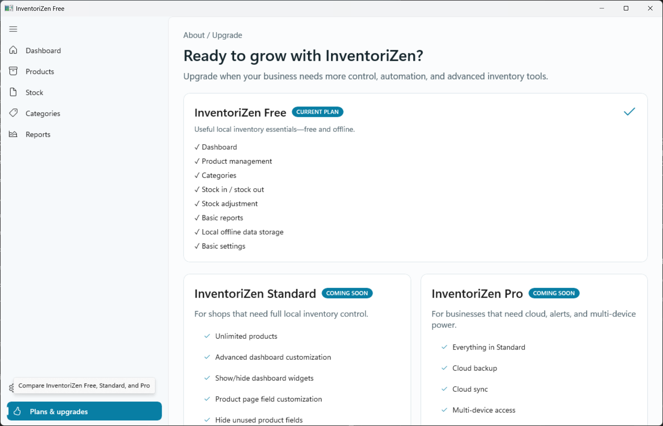 InventoriZen A useful Free plan screen