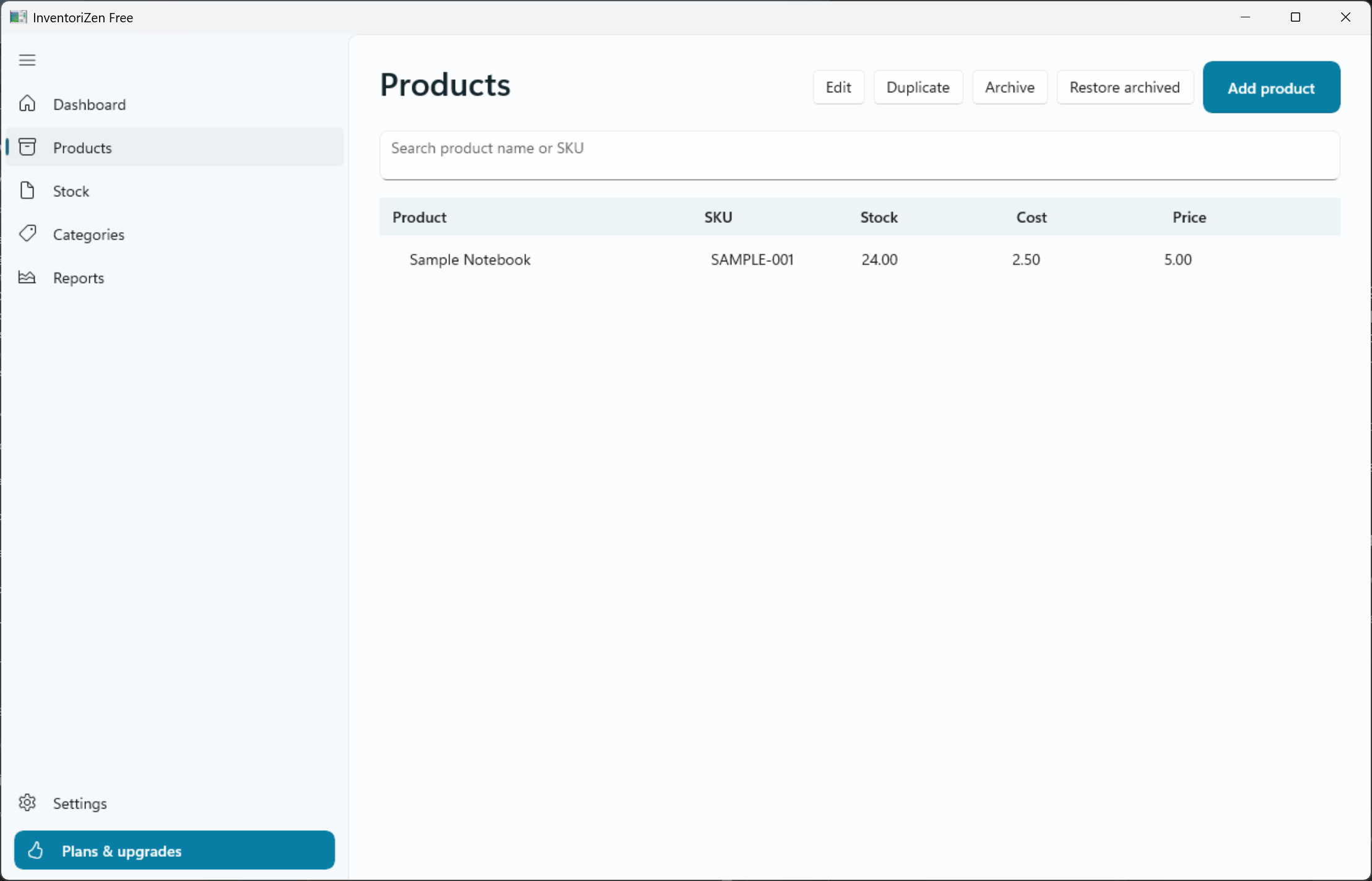 InventoriZen Products screen