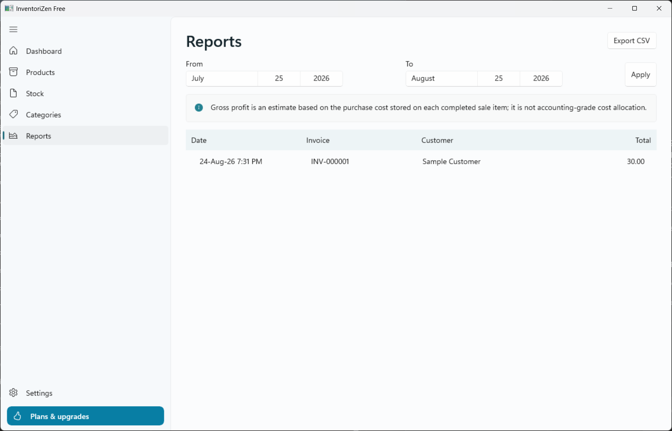 InventoriZen Basic reports screen