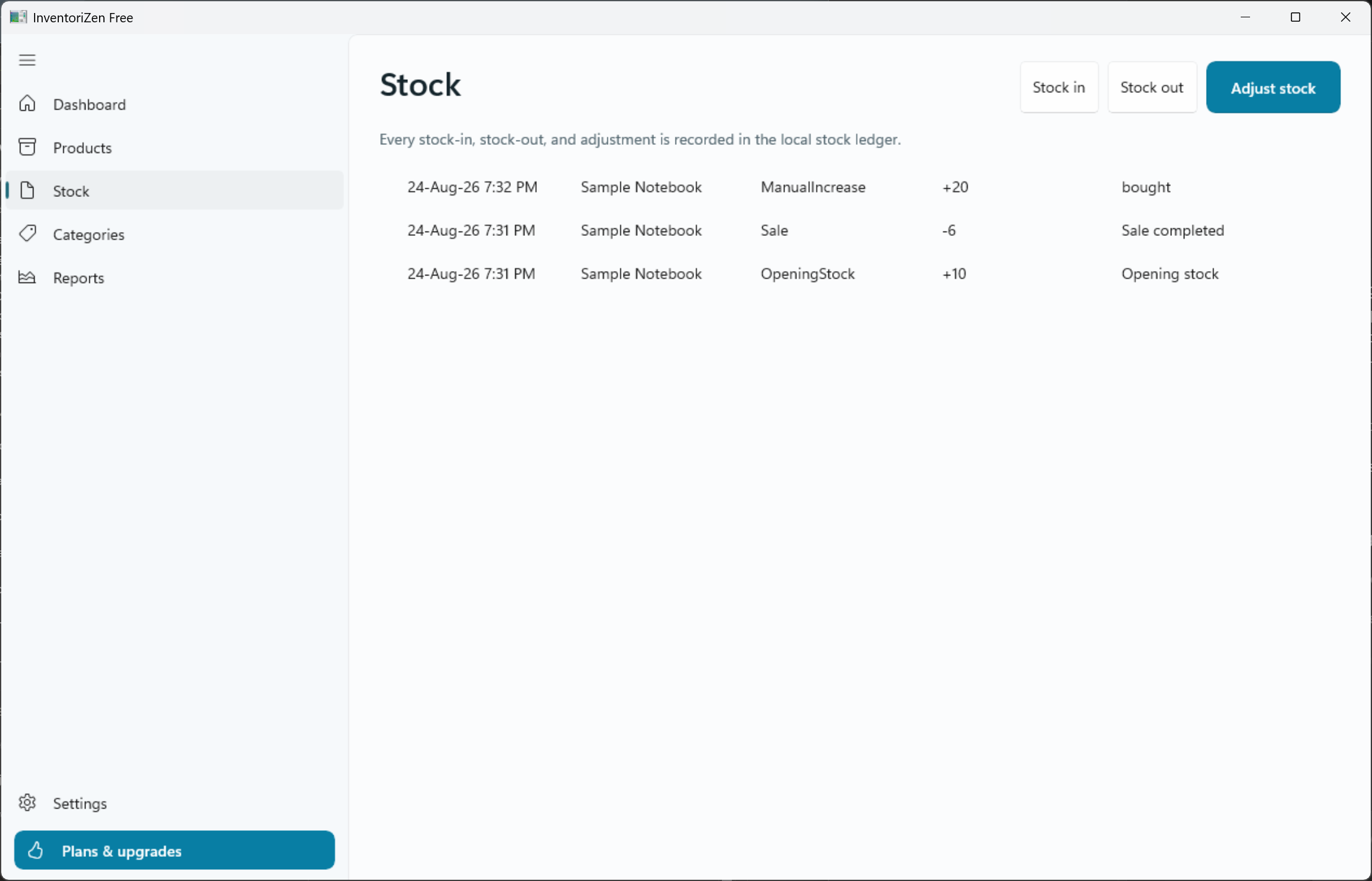 InventoriZen Stock ledger screen