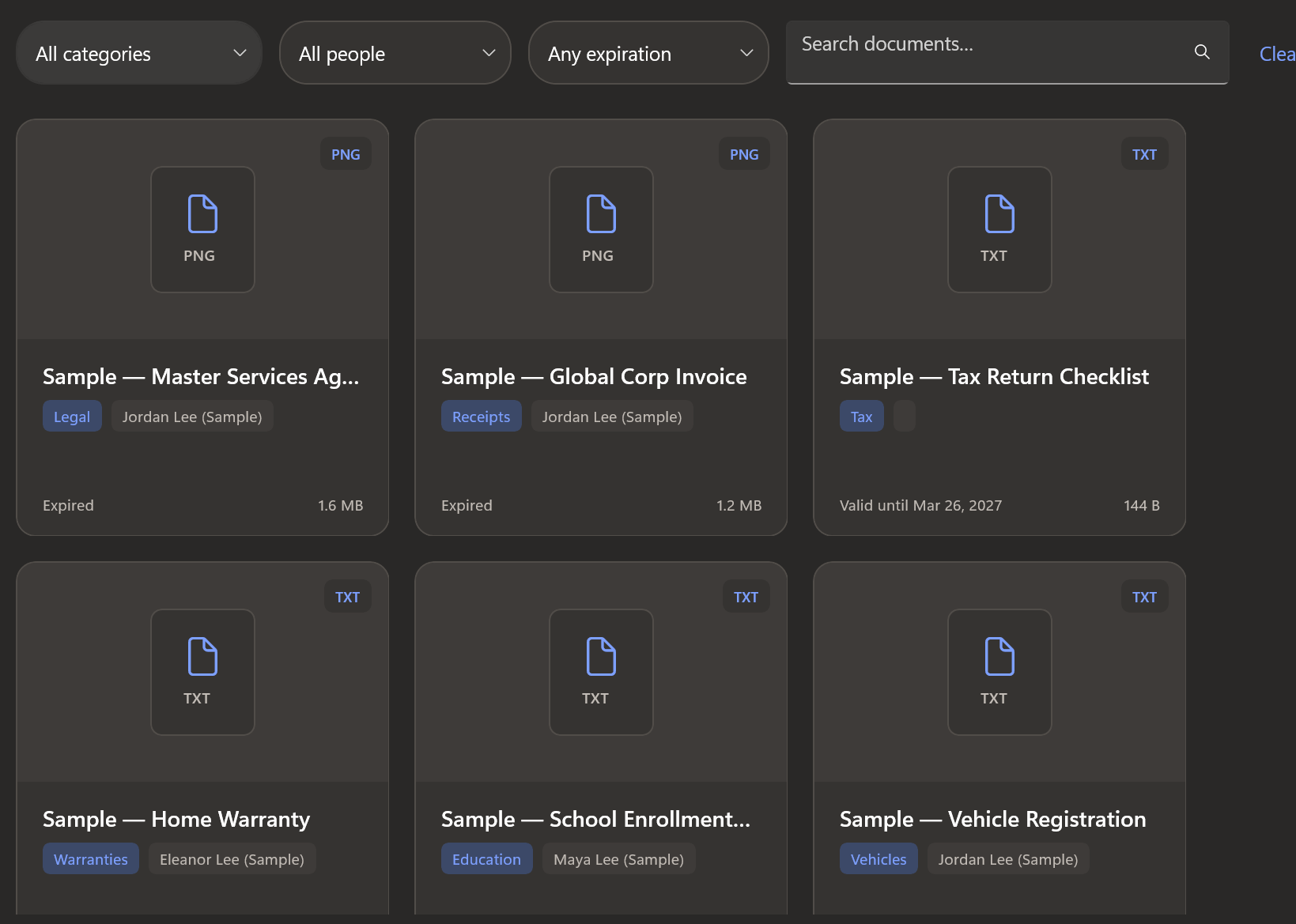 Dark theme document grid with visual preview cards and filters